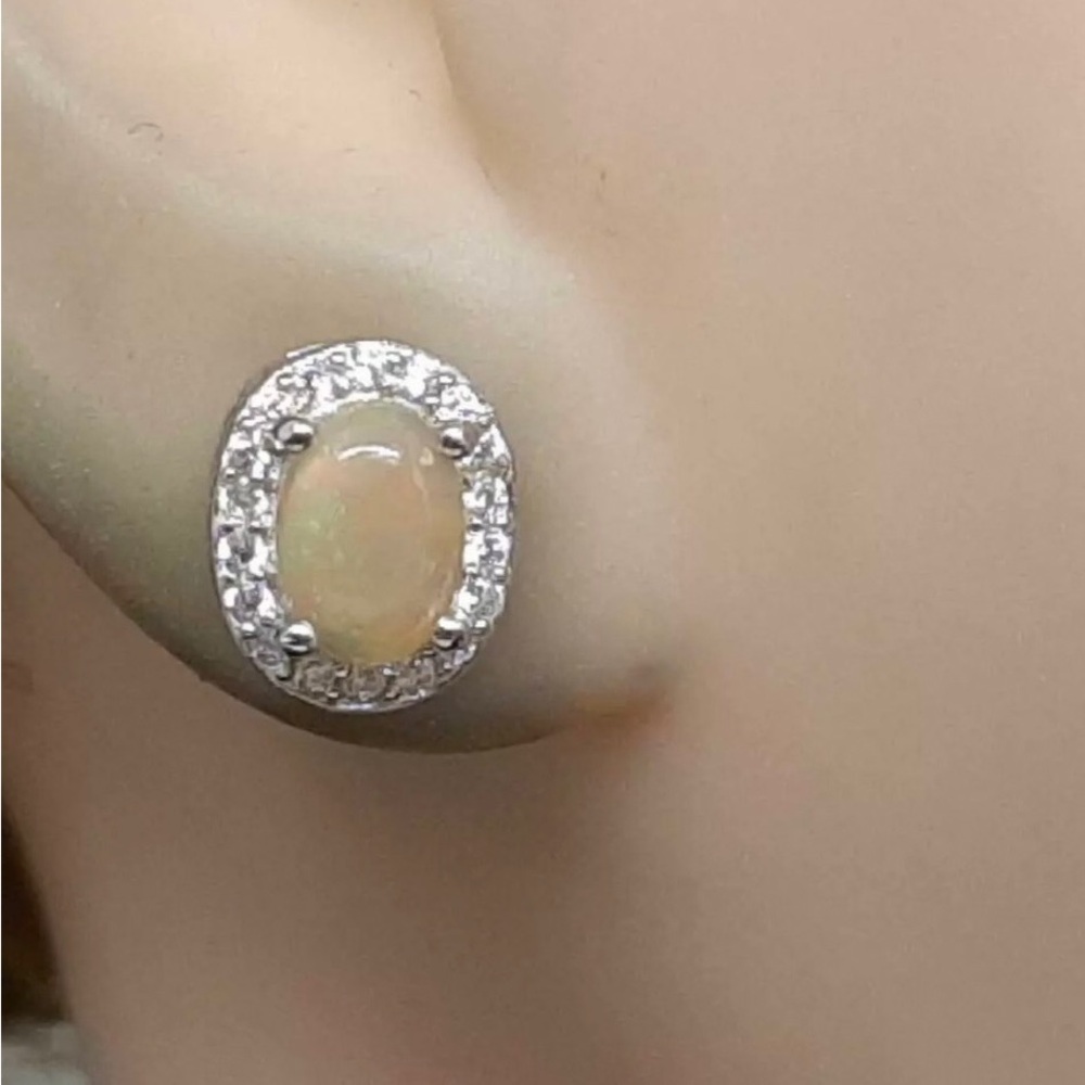 Genuine Opal Cabachon And Sapphire Earrings